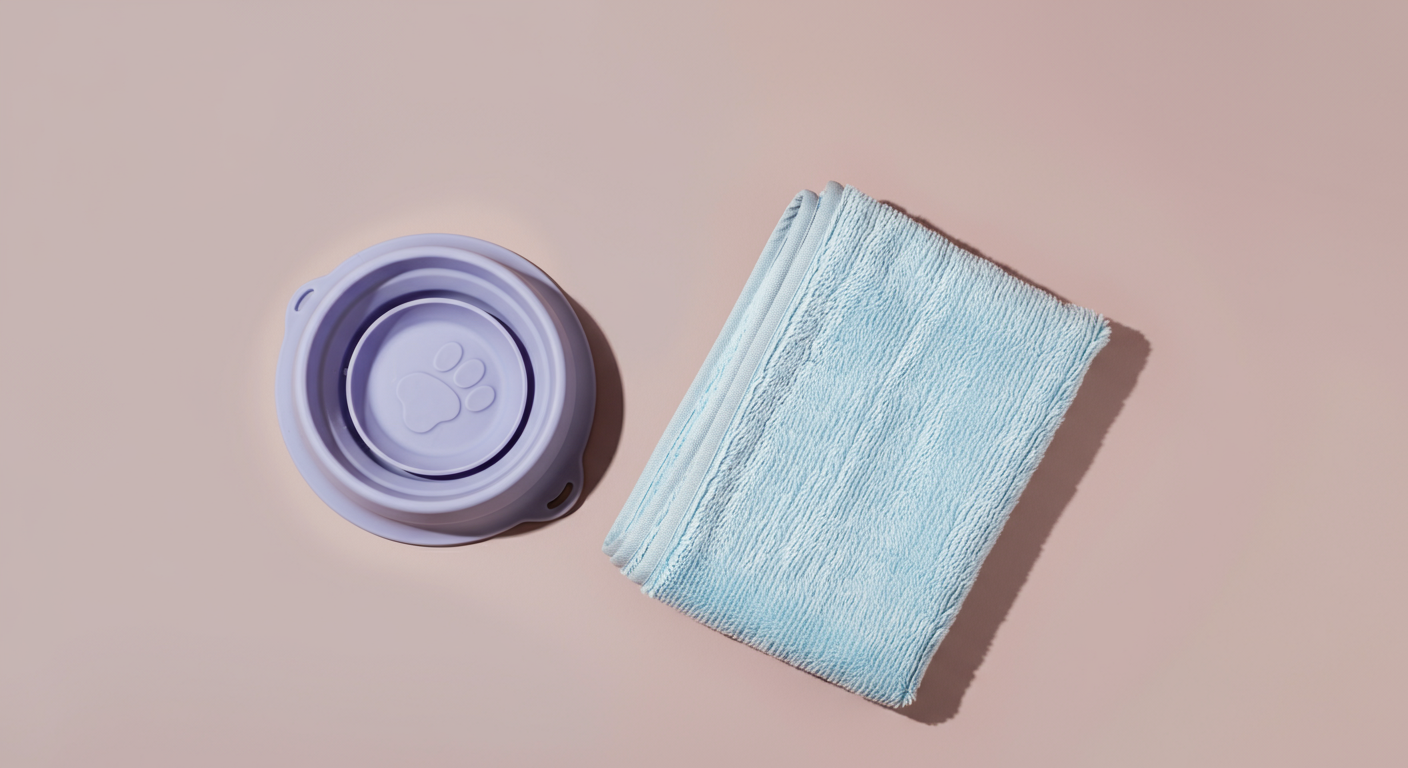 平らに折りたたまれたラベンダー色のシリコンボウルと、きれいに畳まれた水色のマイクロファイバータオル