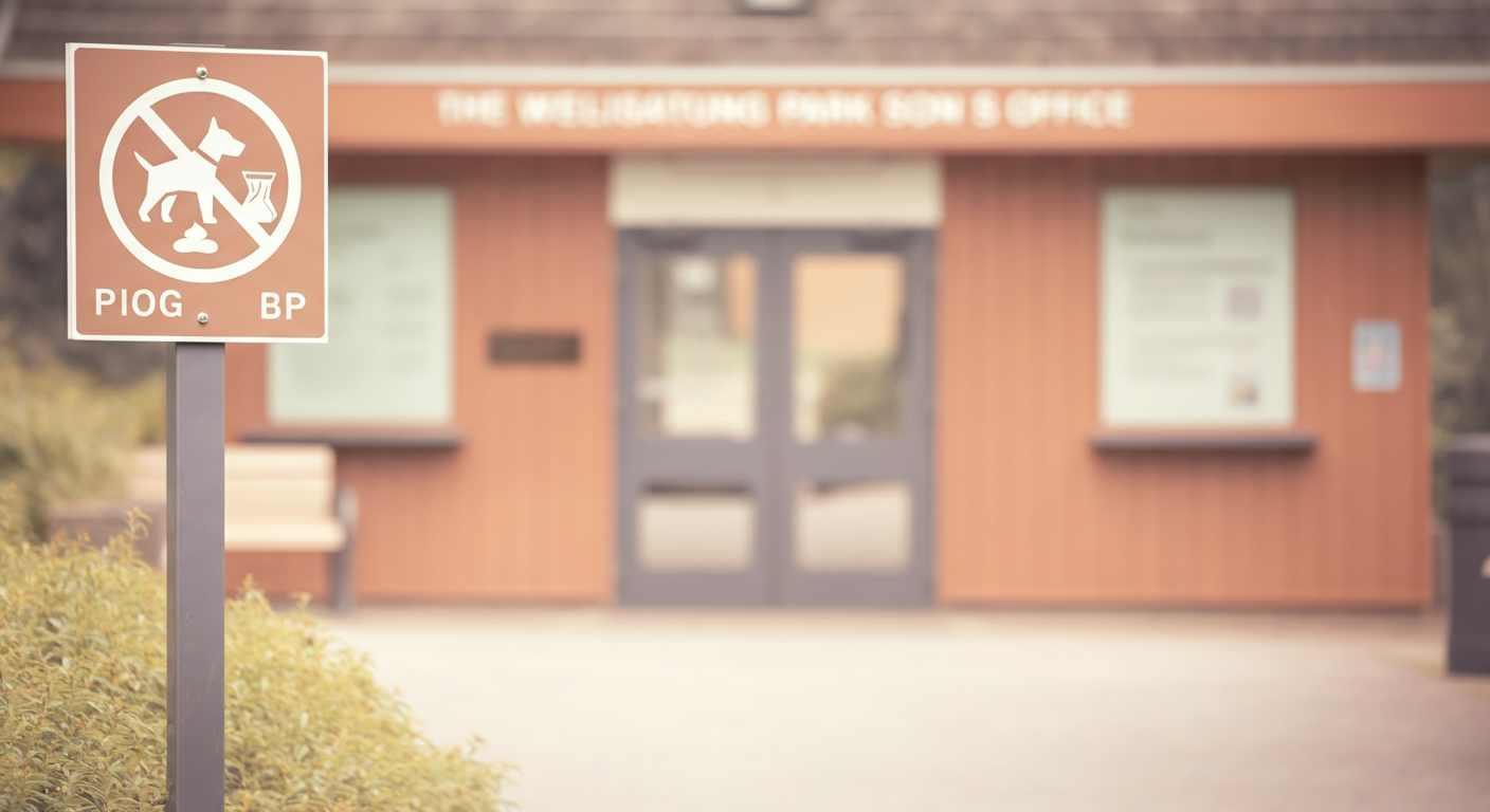 犬とウンチ袋のピクトグラムが描かれた、公園管理事務所の看板のクローズアップ。