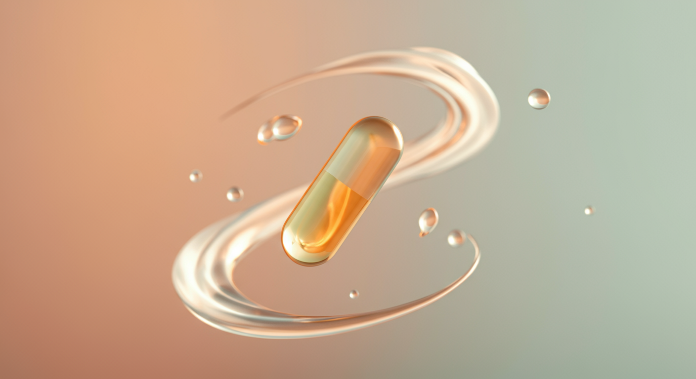 エネルギーの流れを象徴する光に包まれた、黄金色のサプリメントカプセルの抽象写真。