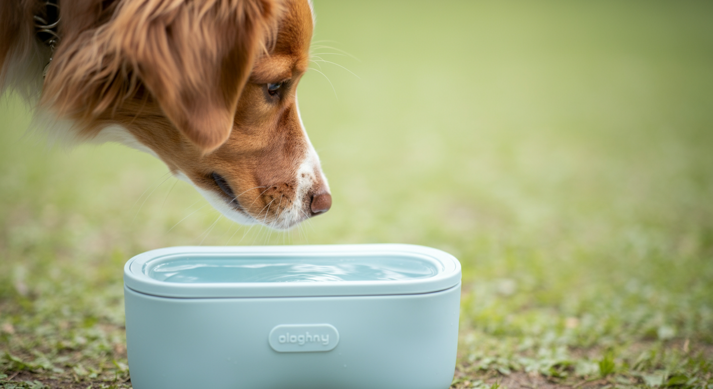清潔な携帯用ウォーターボウルに鼻を近づける犬のクローズアップ