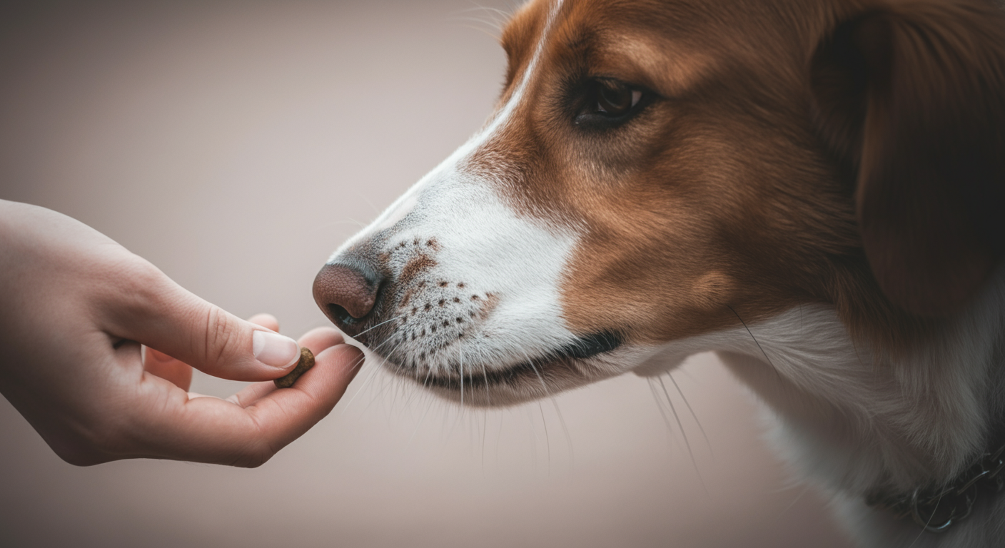 飼い主の指先から、犬が優しくおやつを受け取っている瞬間のマクロ撮影。