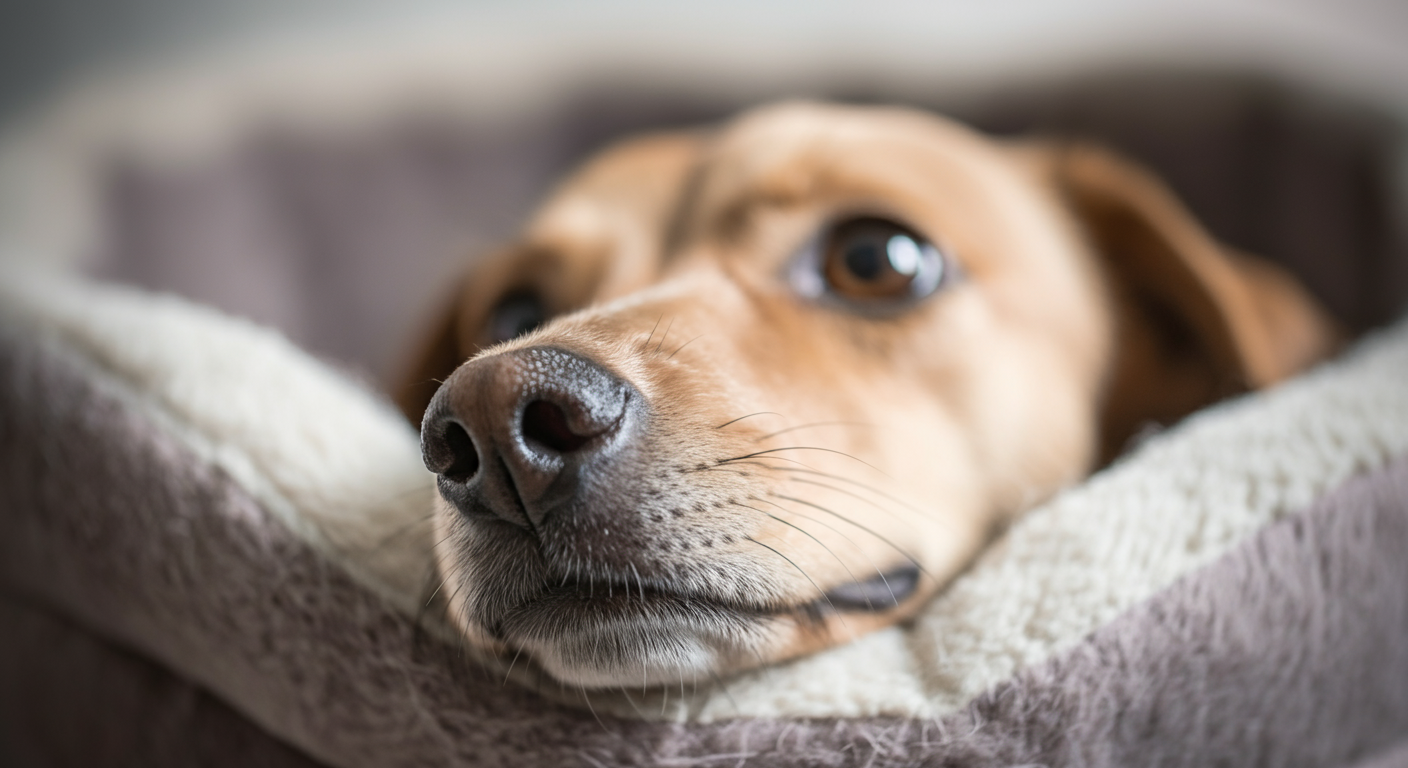 心地よさそうなクレートの中から、犬が鼻先だけを覗かせているマクロ写真。