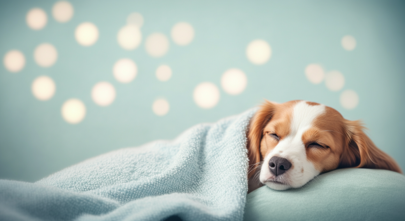 パステルブルーのタオルがかけられ、心地よさそうに休んでいる犬の一部分。