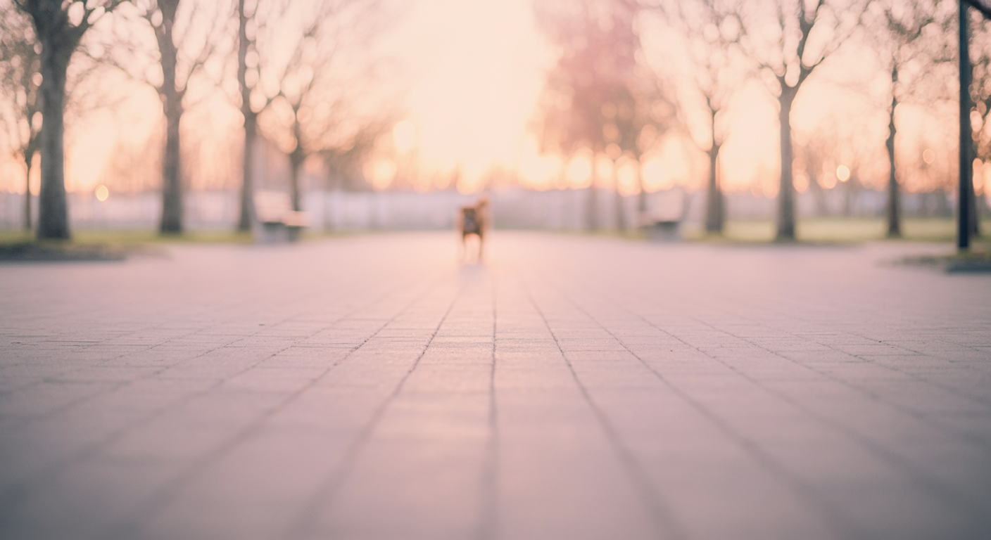 早朝の広々としたドッグラン。遠くに一匹の犬が遊んでいるだけの平和な風景。