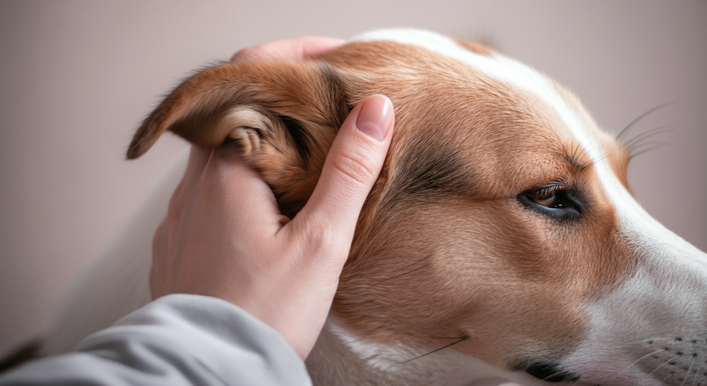 犬の耳の後ろを優しく撫でている飼い主の手