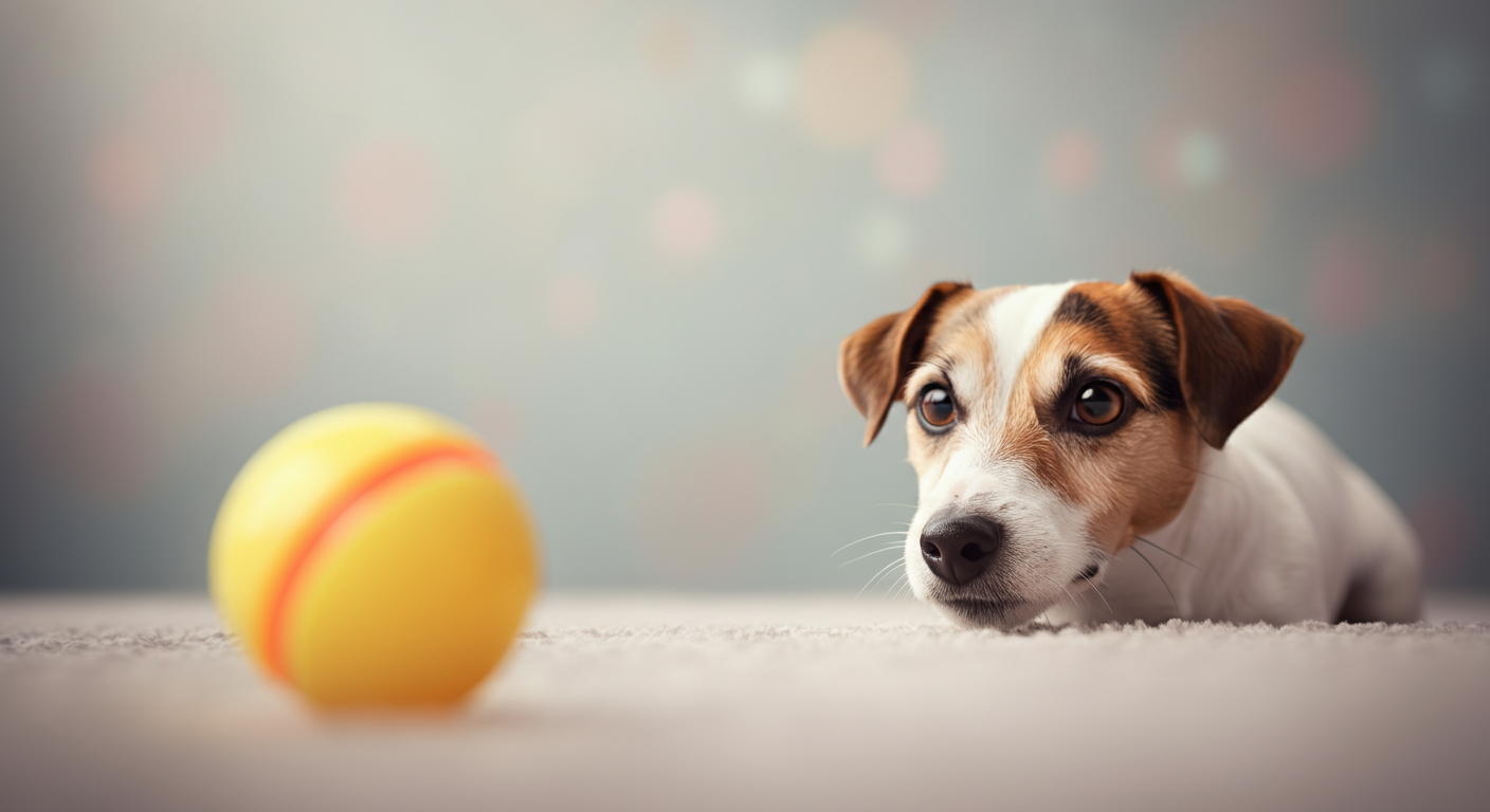 前景にある黄色いボールを、背景からぼやけた犬がじっと見つめている。