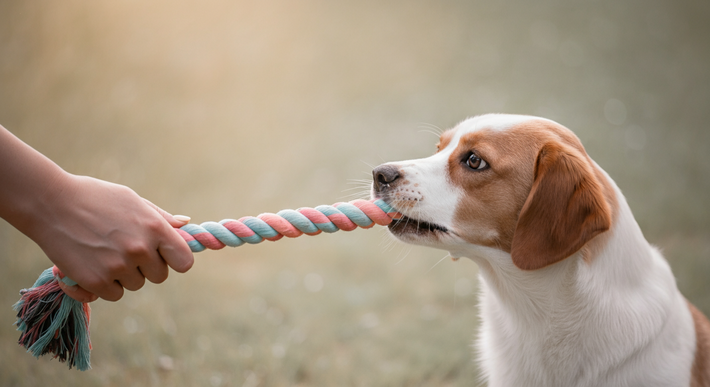 飼い主と犬がおもちゃで遊んでいる、二人の交流に焦点を当てた写真。