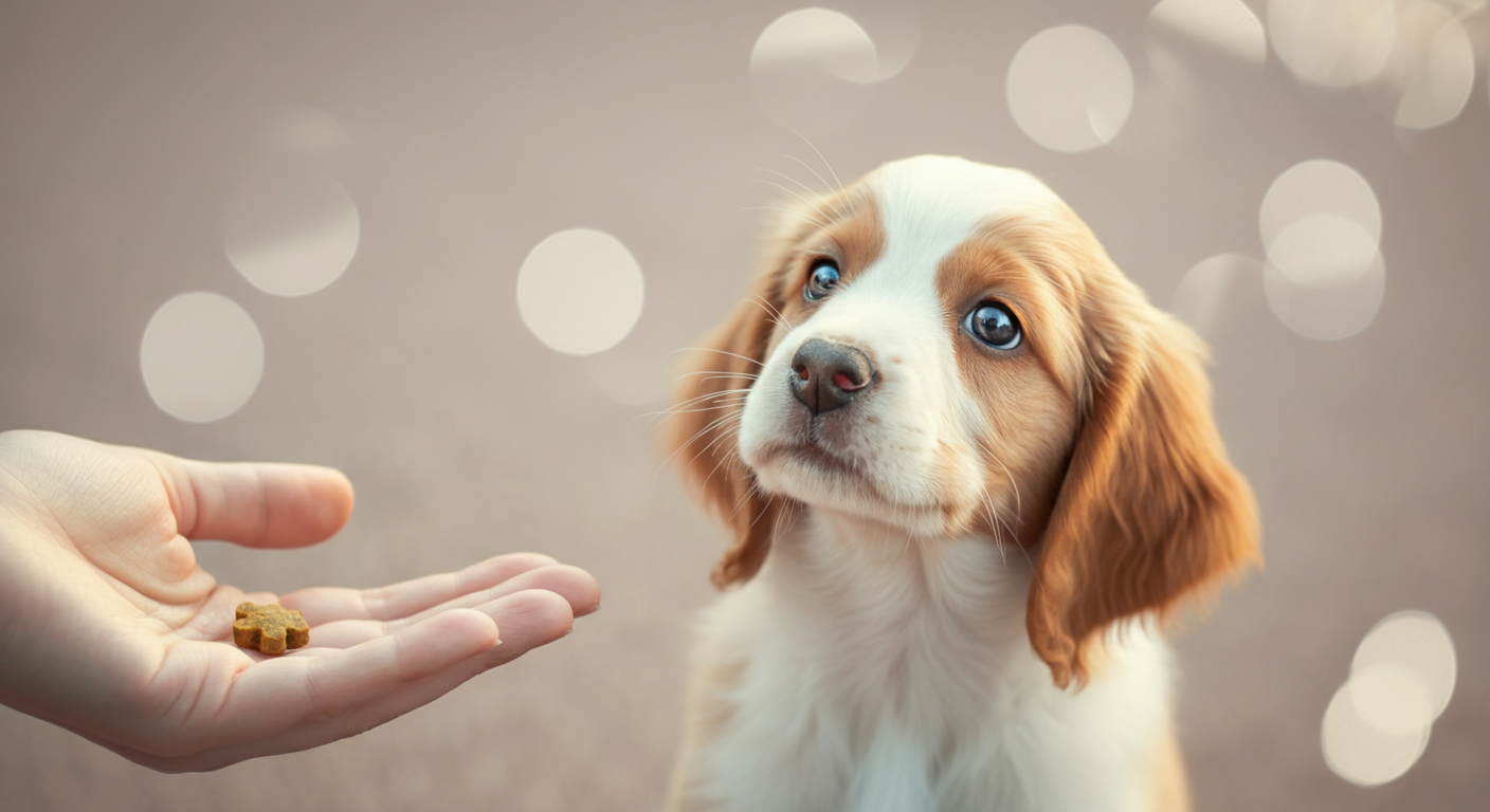 パステルカラーの背景で、飼い主が子犬に優しくおやつを与えようとしている手元のクローズアップ。
