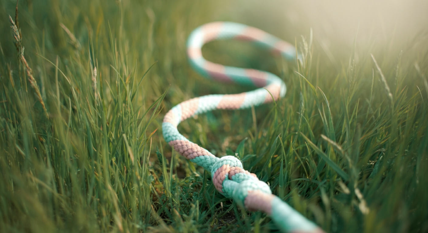 パステルカラーの長いリードが、緑の草むらの中を伸びている様子を捉えた写真。