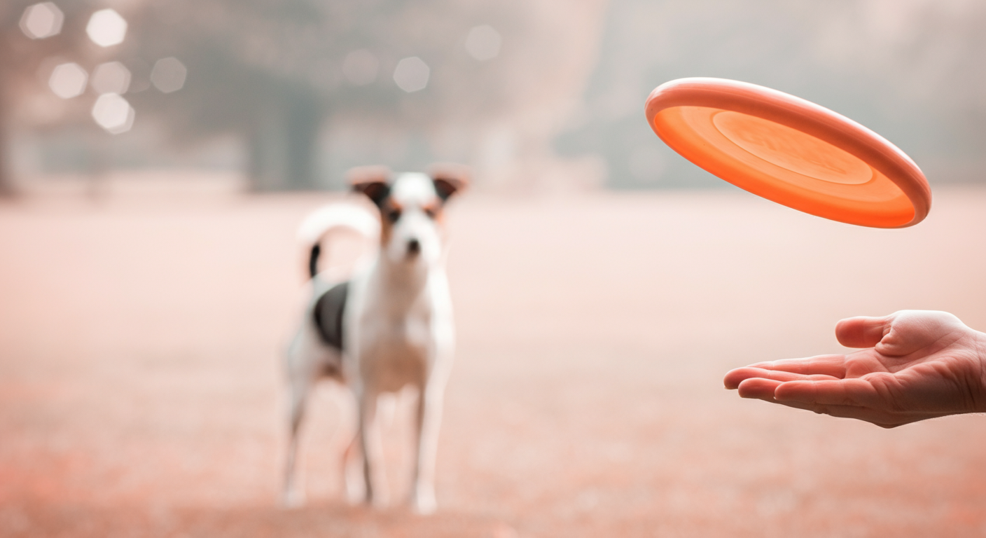 人の手からピーチ色のフリスビーが放たれる瞬間を捉えた写真。遠くで犬が待っている。