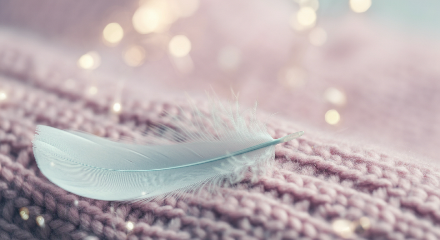 柔らかなニットのブランケットの上に置かれた一本の羽