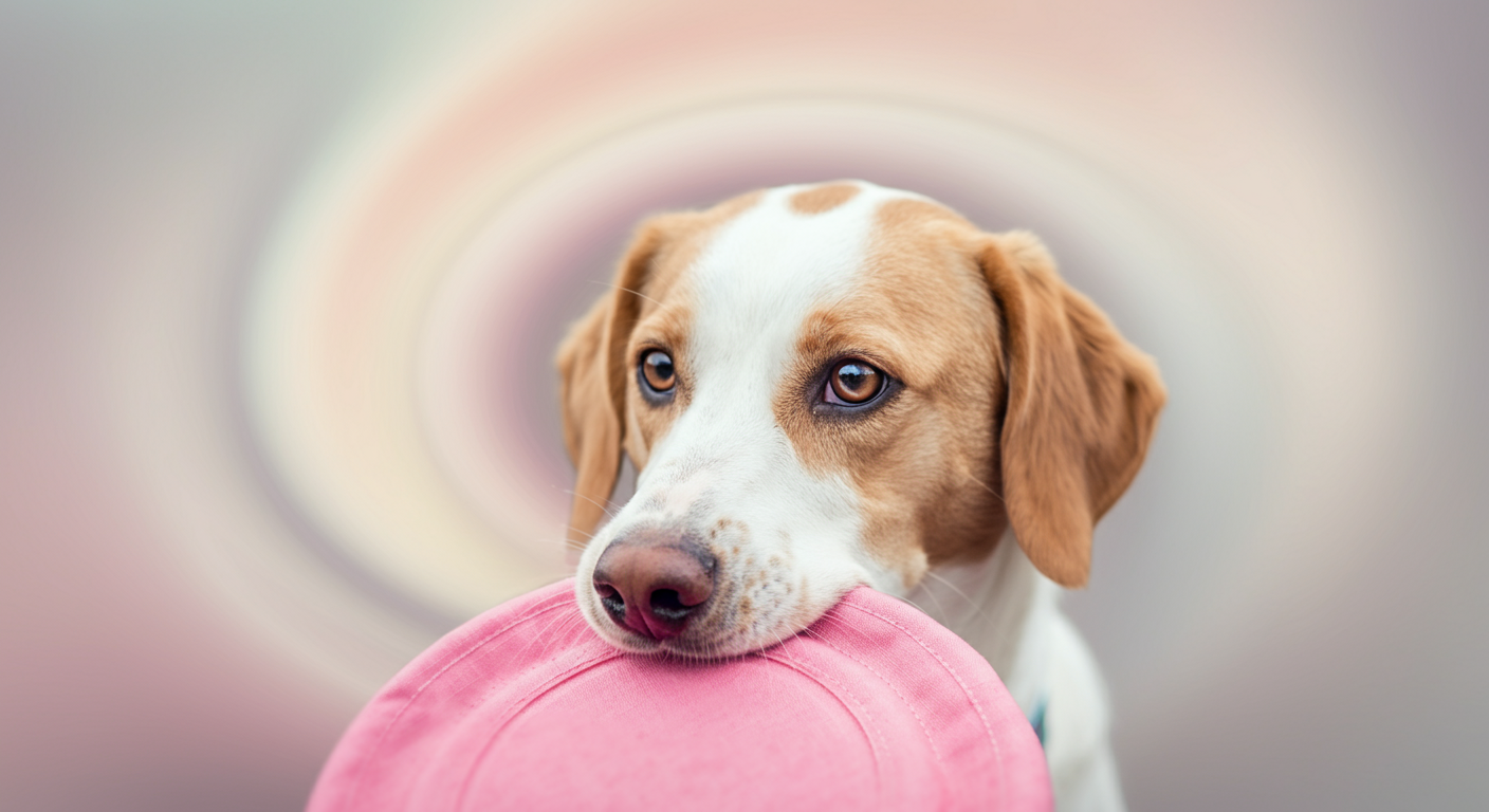 パステルピンクの柔らかい布製フリスビーを優しく口に咥える犬の鼻先のクローズアップ写真。