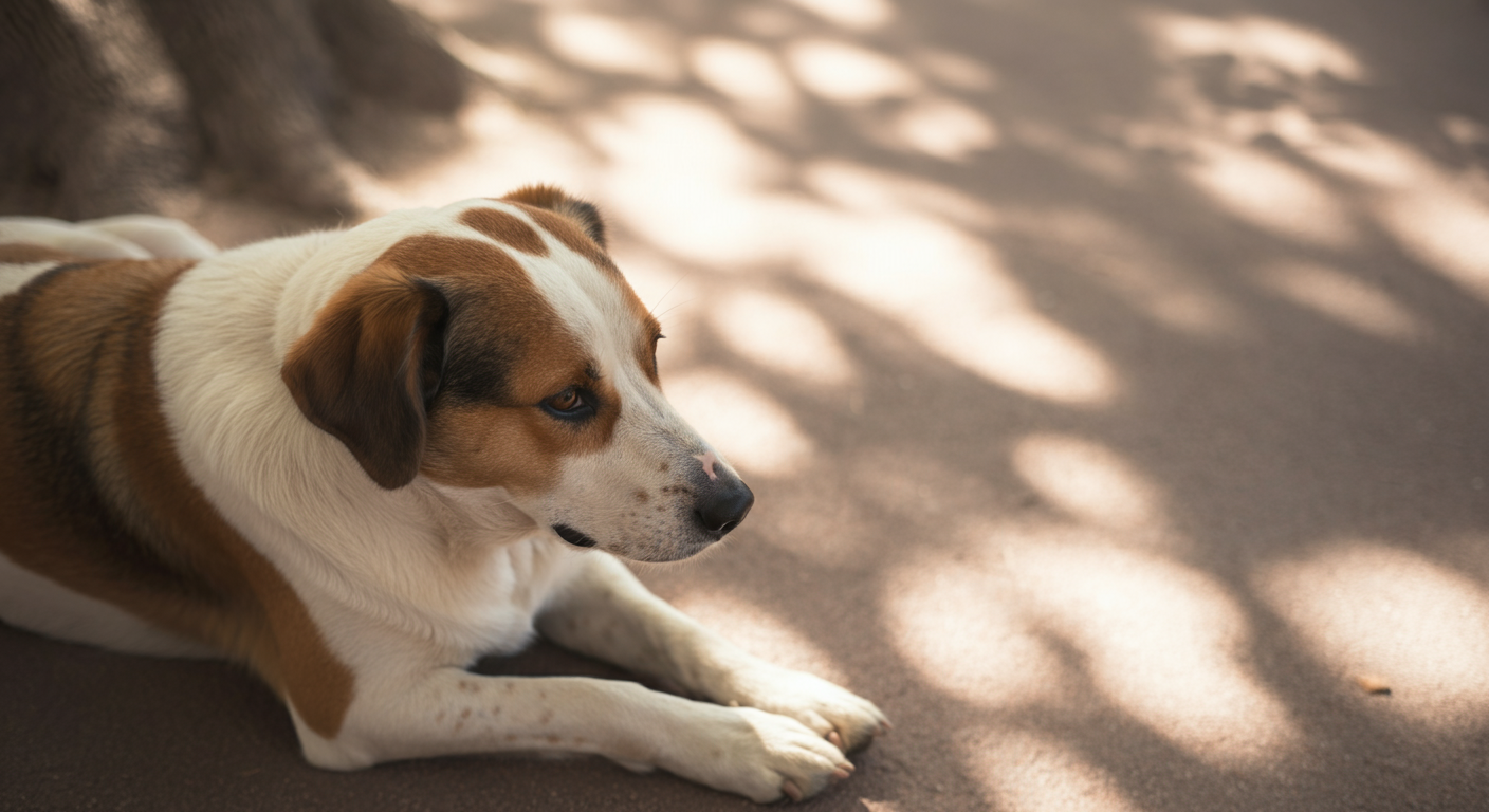 木漏れ日の下で涼んでいる犬。夏の暑さからの避難をイメージさせる、パステルカラーのミニマルな写真。