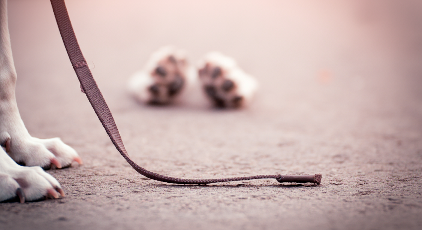 地面に優しく触れる犬のリードの先端。背景にはぼやけた犬の足が見え、落ち着いた雰囲気を醸し出している。
