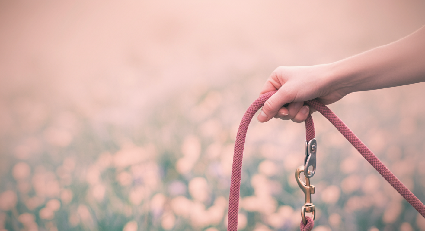 人の手が犬のリードをしっかりと、しかし優しく握っている様子。