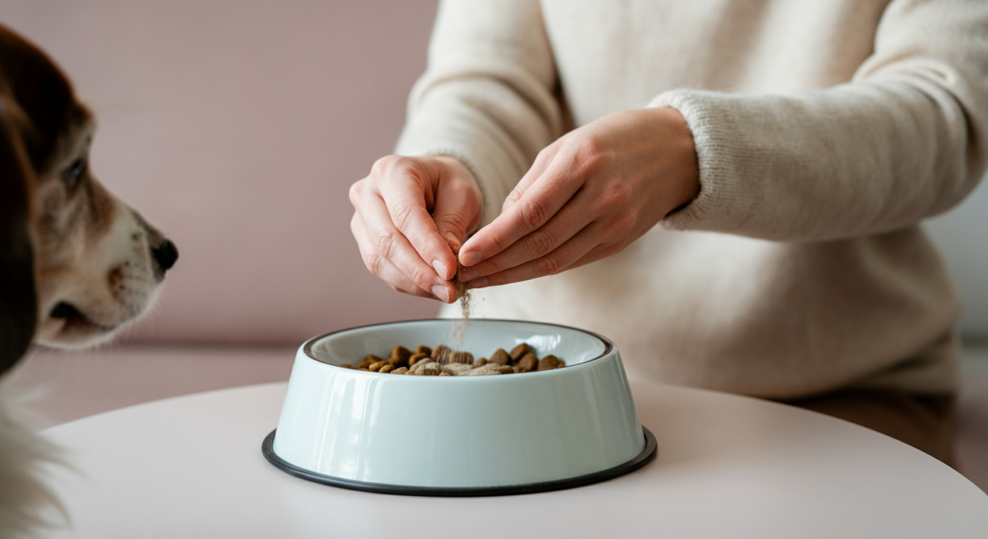 シニア犬用のフードが入ったボウルに、サプリメントを優しくふりかけている手元のクローズアップ写真。