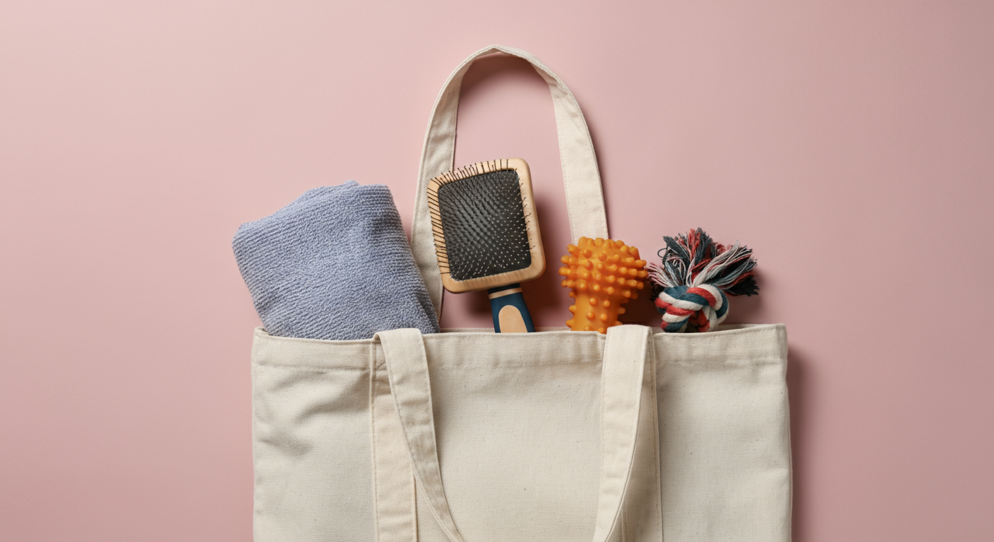 ドッグラン用のトートバッグから、タオル、ブラシの柄、おもちゃの一部がのぞいている。準備万端な様子がうかがえる写真。