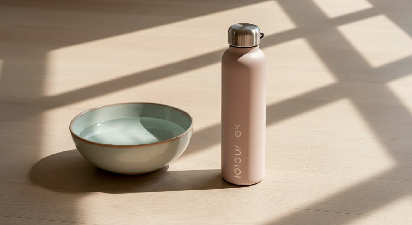木製の床の上に並べられたセラミック製の水飲み皿とモダンな給水ボトル。朝日が差し込み、長い影を作っている。