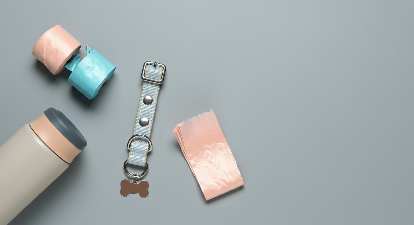 パステルカラーの背景に、犬の首輪と鑑札、うんち袋、水筒がおしゃれに並べられたフラットレイ写真。