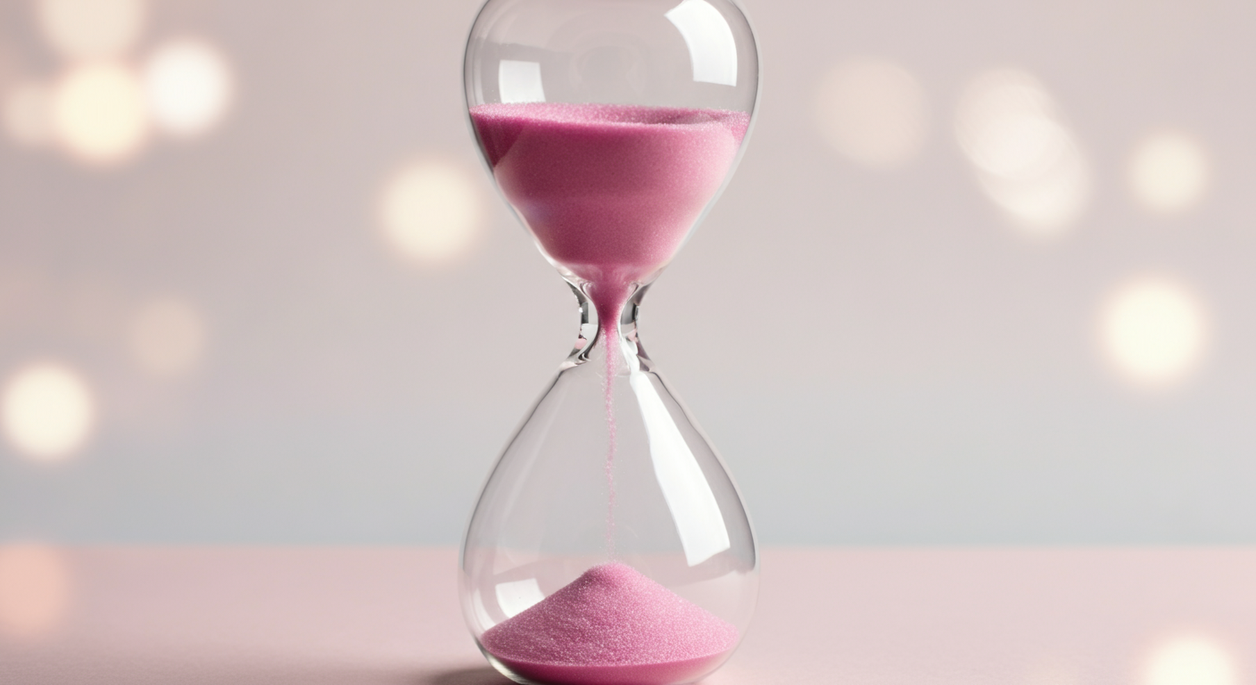 ピンク色の砂が入ったミニマルな砂時計の抽象的な写真。砂が落ち始めたばかりで、短い時間を象徴している。