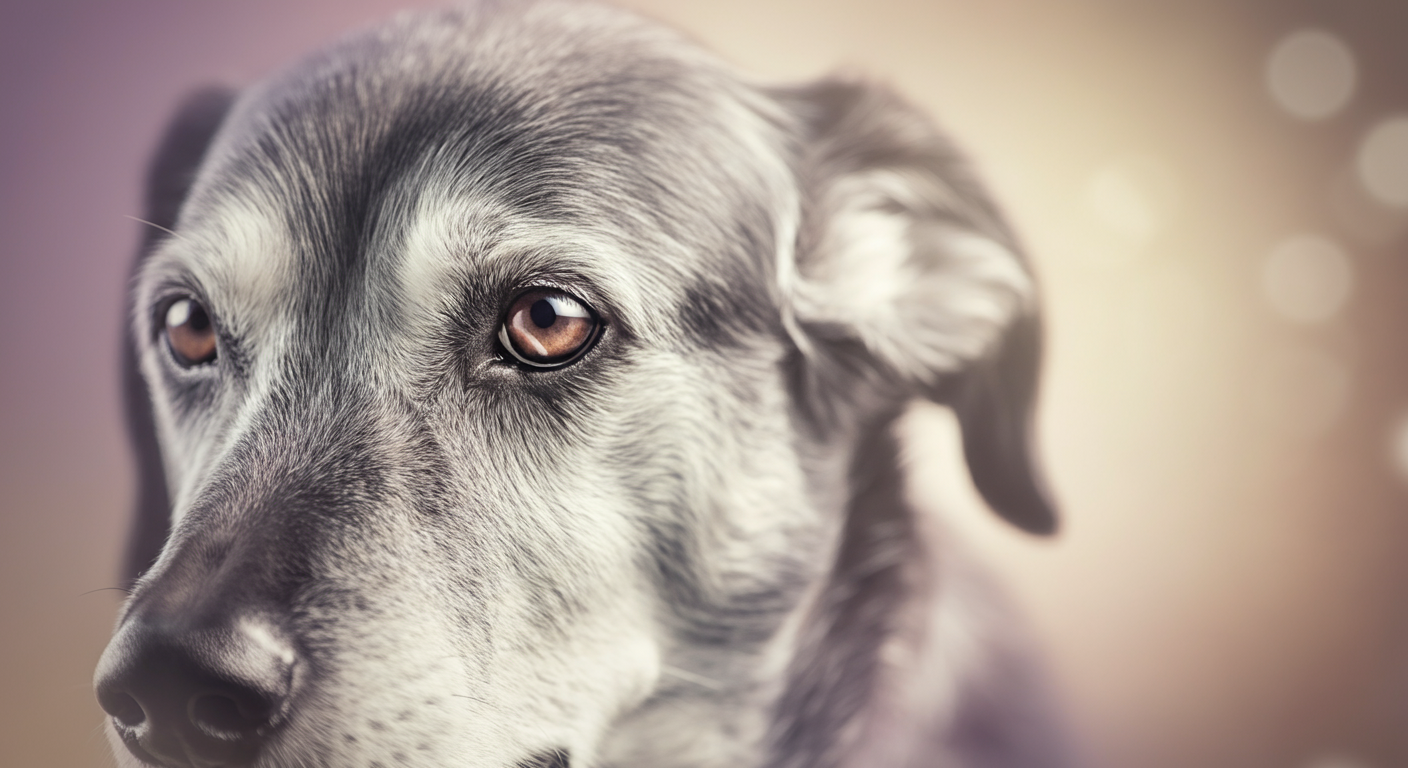 少し白髪が混じったシニア犬の、優しく賢そうな目元のマクロ写真。