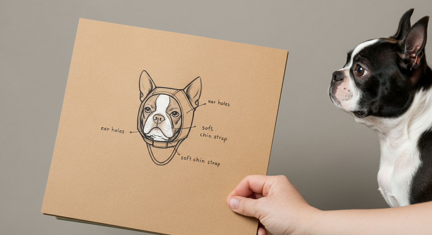 紙に描かれた犬用の帽子のデザインスケッチ。「耳穴」などの書き込みがある。