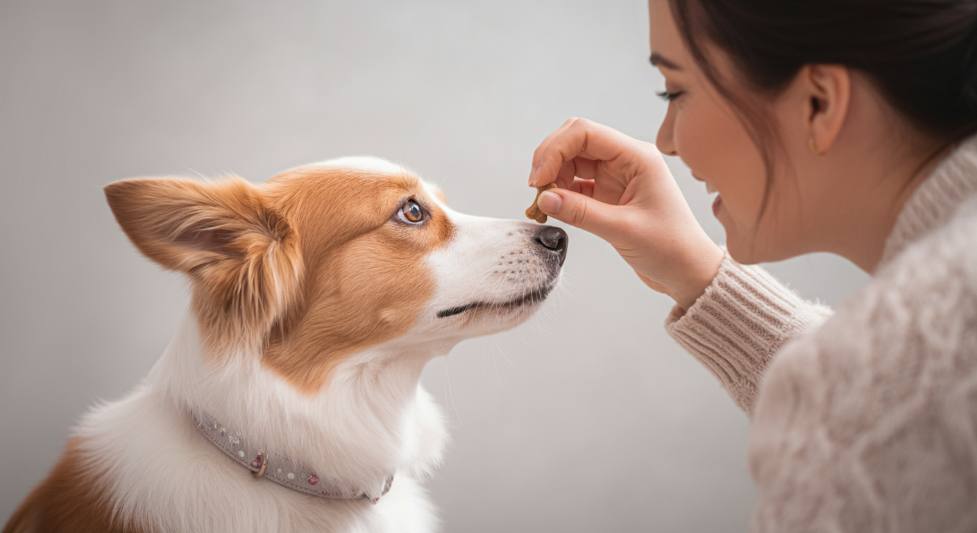 犬の低い目線から、おやつを持って優しく微笑みかける飼い主を見上げた構図。ポジティブな関係性を表している。
