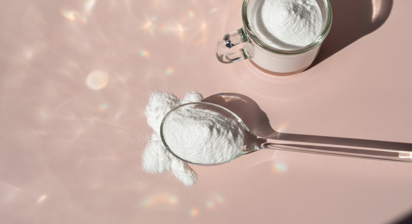 朝日を浴びて輝くコラーゲンペプチドの白い粉末が乗ったガラスのスプーン。