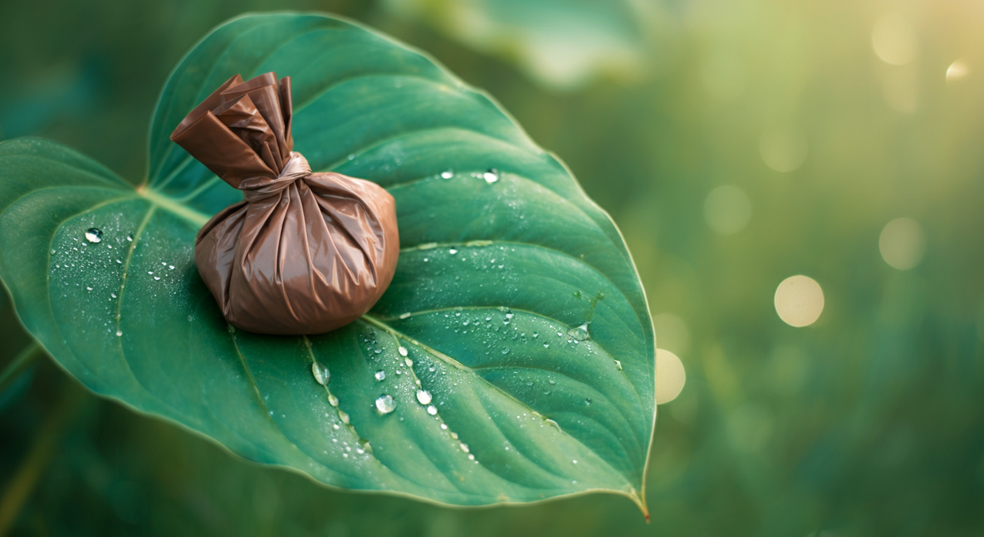 朝露に濡れた大きな葉の上に、アースカラーの生分解性うんち袋が置かれている象徴的な写真。