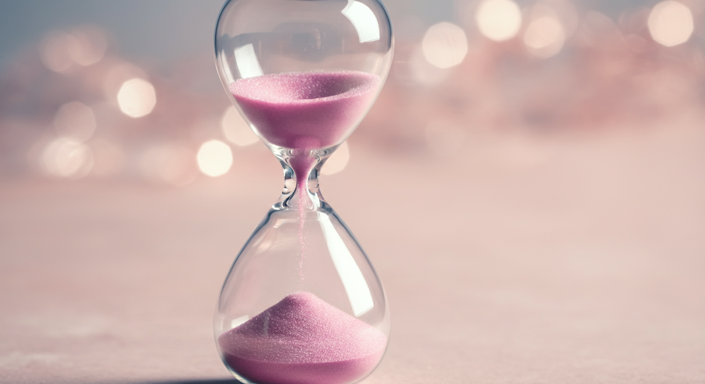 まだ砂がたくさん残っている、ピンク色の砂が入った砂時計。
