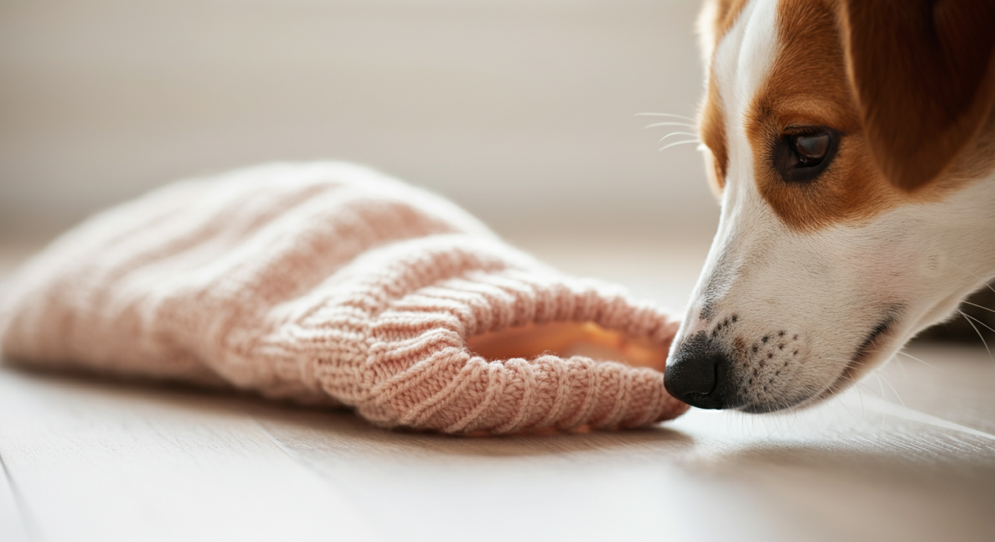 床に置かれた犬用のセーターの匂いを、一匹の犬が好奇心をもって嗅いでいる様子。