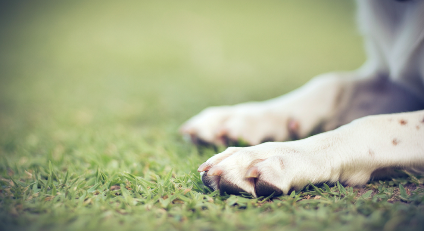 パステルカラーの背景に、緑の芝生の上に置かれた犬の穏やかな足のアップ。