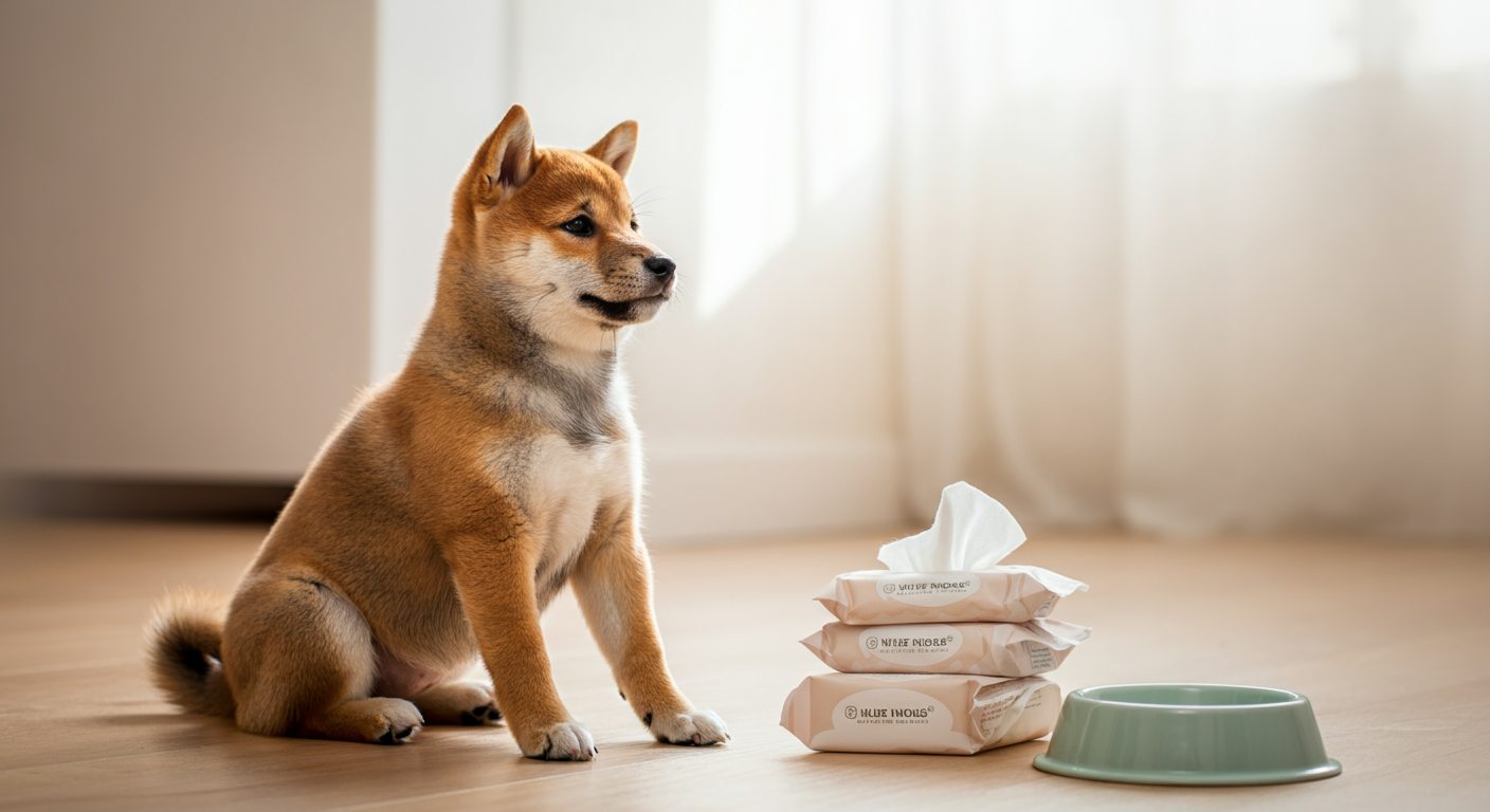 柔らかい自然光が差し込む部屋で、柴犬の子犬がお行儀よく座っている。隣にはウェットティッシュと綺麗な食器が置かれている。