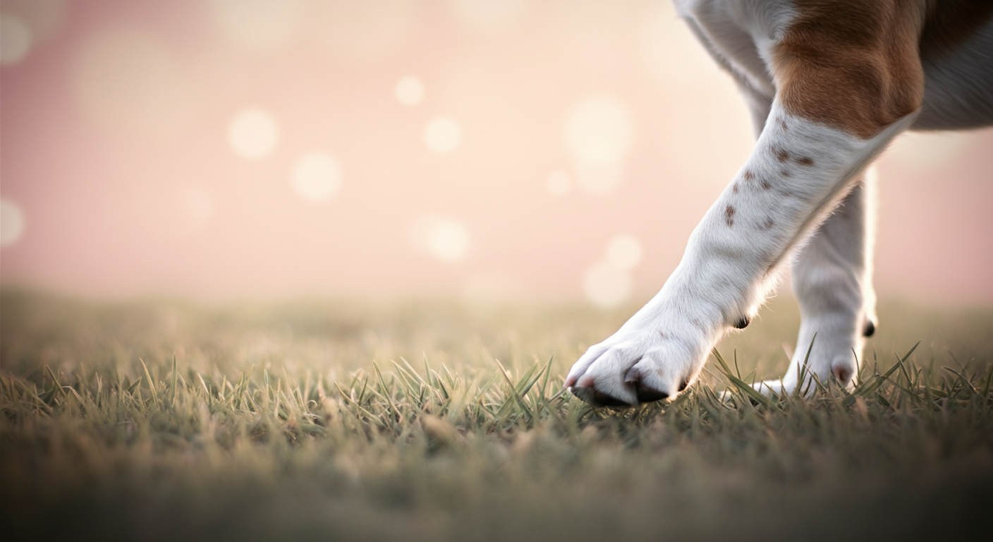 芝生にそっと置かれた犬の足のクローズアップ。慎重な様子を表している。