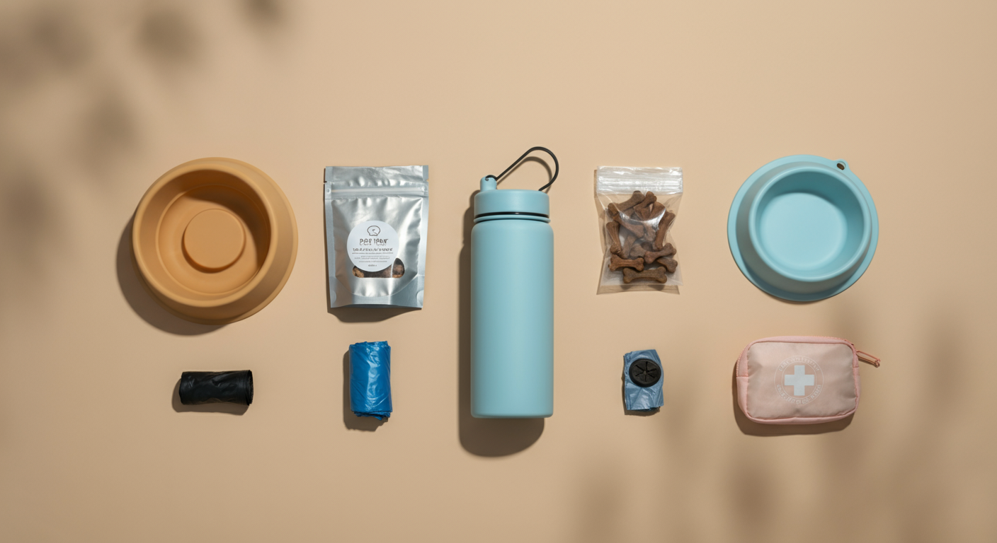 お散歩グッズのフラットレイ。携帯ボウル、水筒、おやつ、ビニール袋に加えて、小さな救急セットが置かれている。