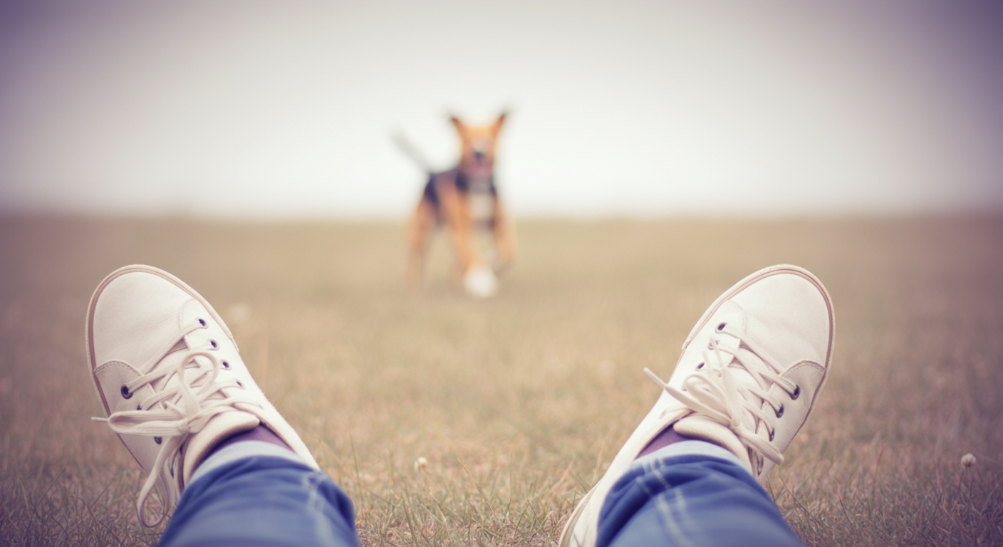 飼い主の足元から、遠くで遊ぶ愛犬をぼんやりと見守る様子を捉えたローアングル写真。