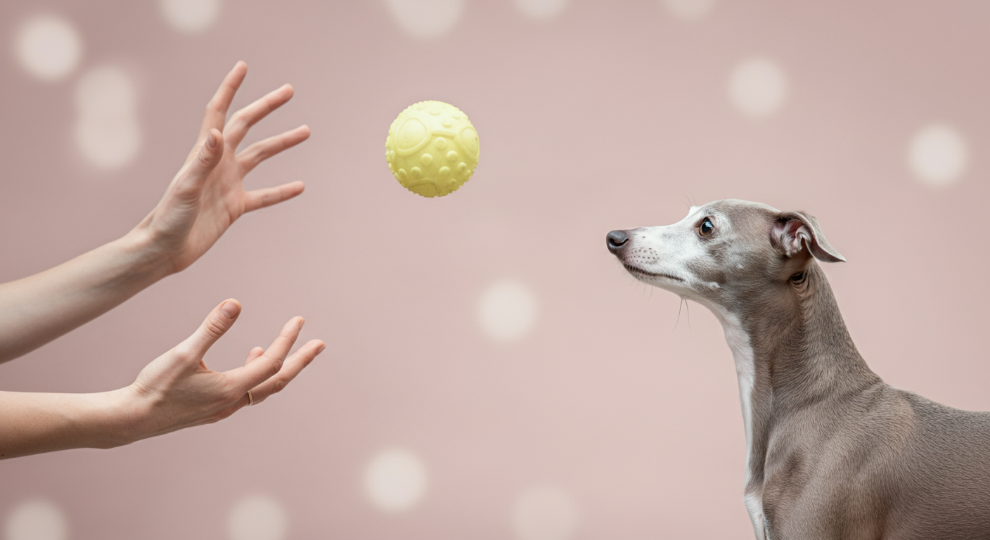 イタリアングレイハウンドが、飼い主が黄色いボールで楽しそうに遊んでいるのを、興味深そうに見つめている構図の写真。
