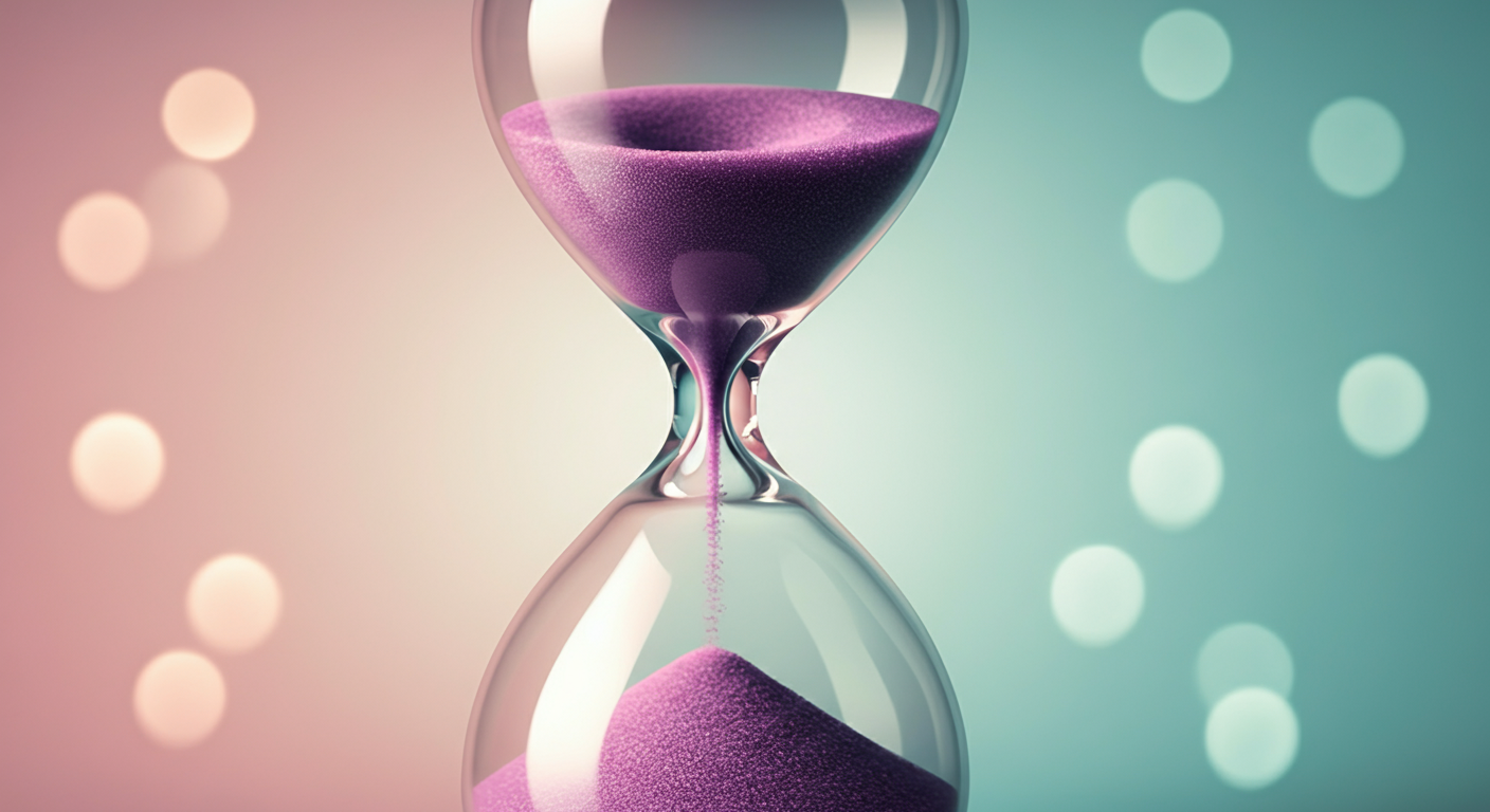 時間の経過を象徴する砂時計の抽象的な写真。上には鮮やかな粒子、下には色あせた粒子が入っている。