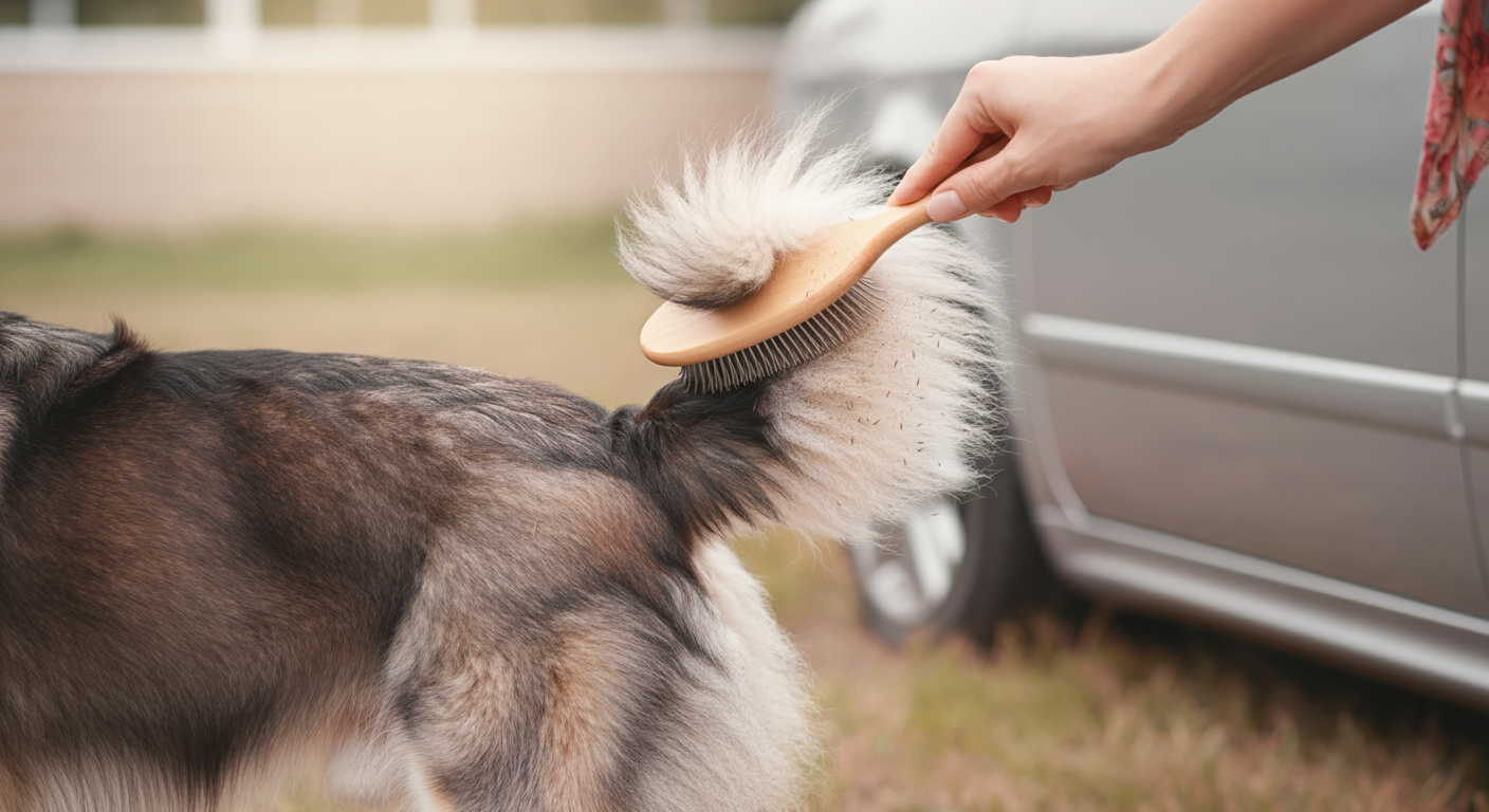 飼い主が、車のドアの横で、犬のしっぽについた草の種をブラシで優しく払い落としている、帰宅準備の様子。