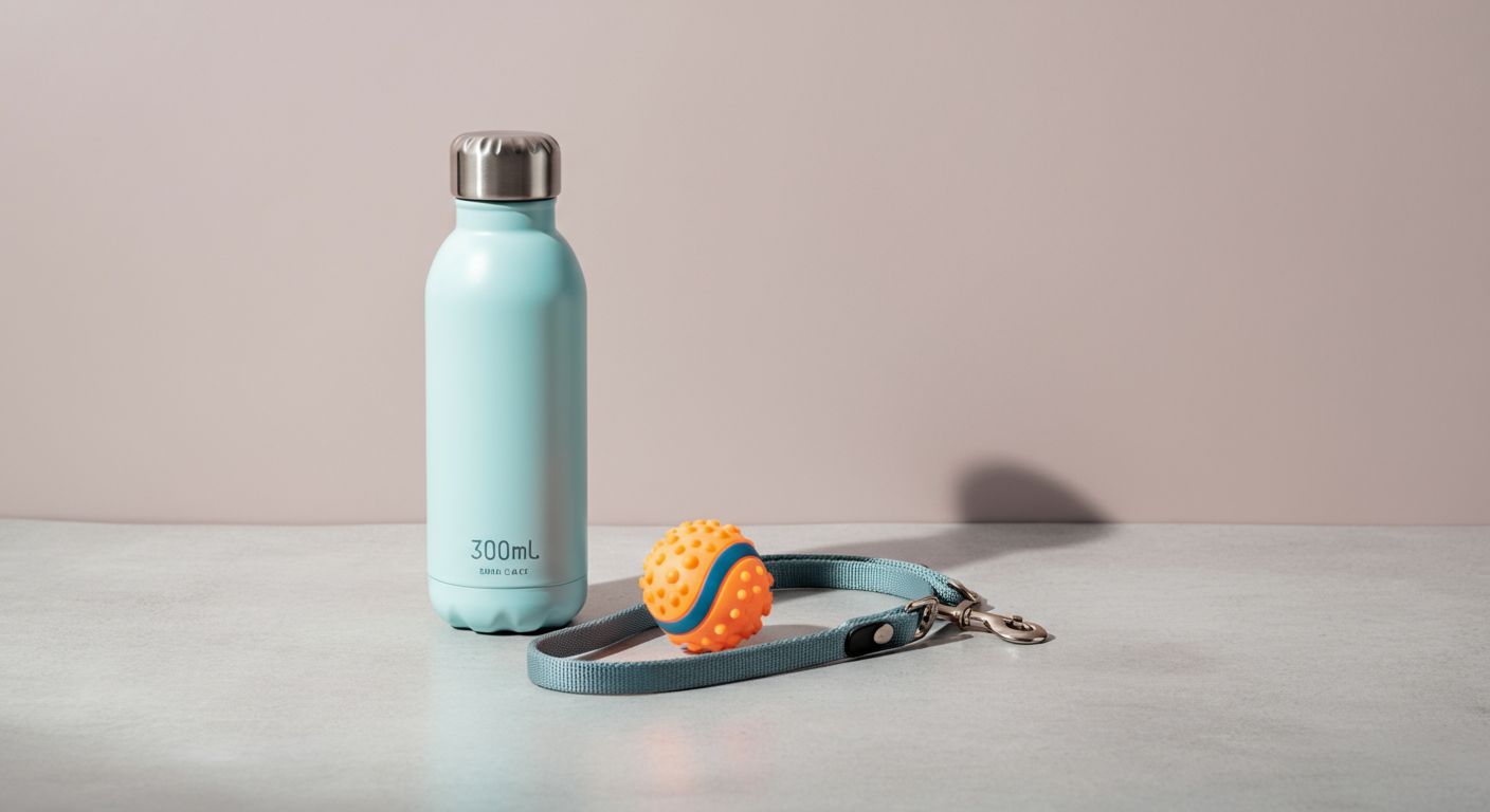 小さな給水ボトルとリード、ボールがミニマルに配置されている