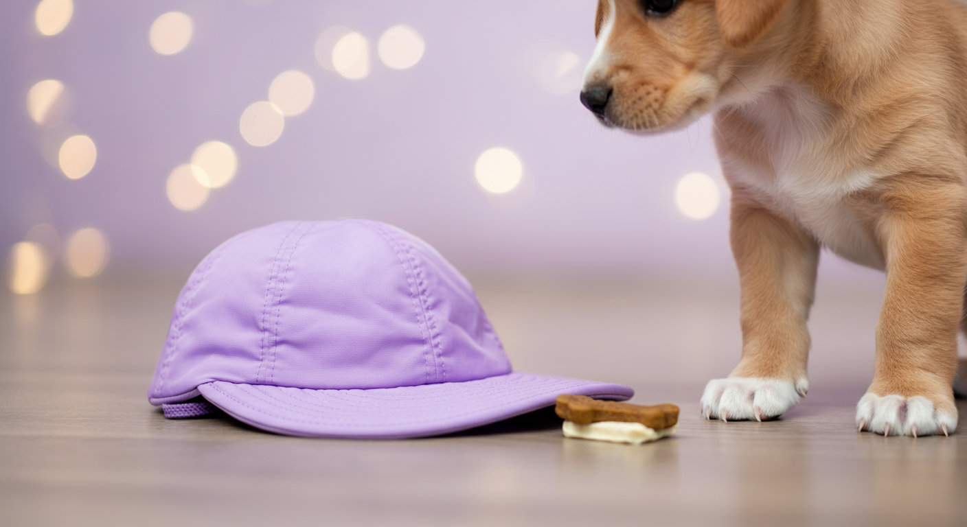 床に置かれた犬用UVハットのすぐ隣に、ご褒美のおやつが置かれている。犬の前足がそっと伸びてきている。