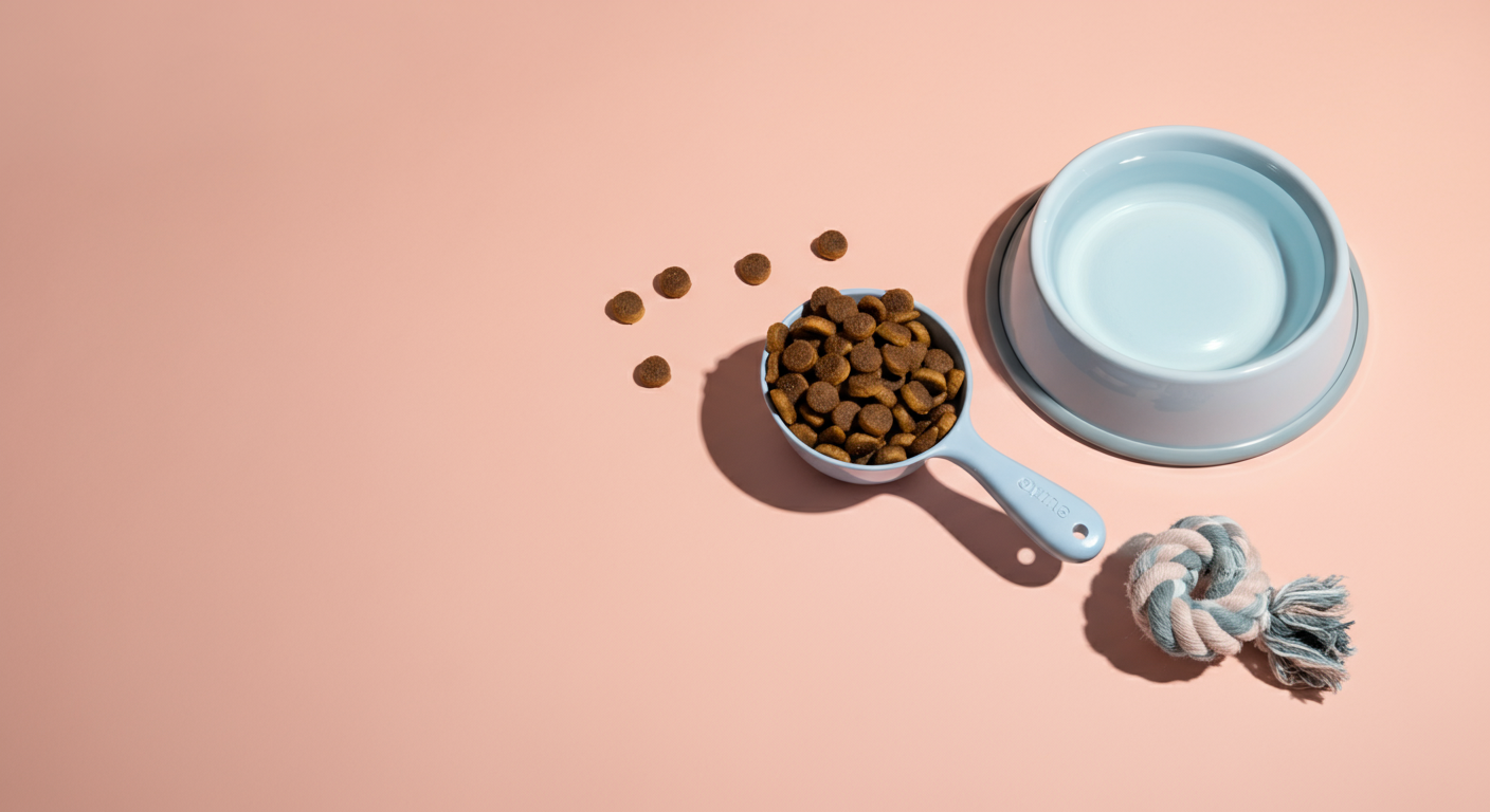 質の高いドッグフード、新鮮な水のボウル、そして犬用のおもちゃがバランスよく配置された写真。総合的なケアを表現している。