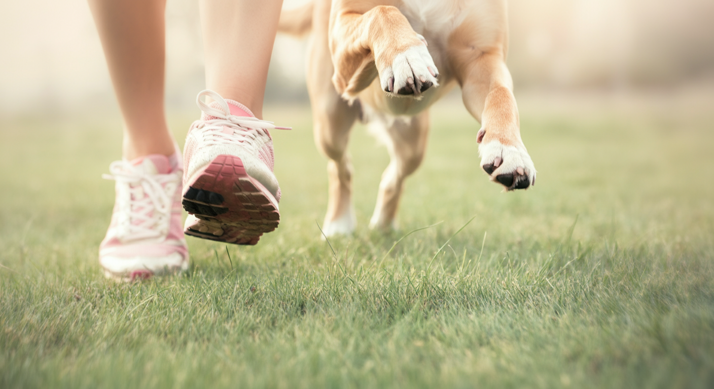 芝生の上を一緒に走る飼い主と犬の足元