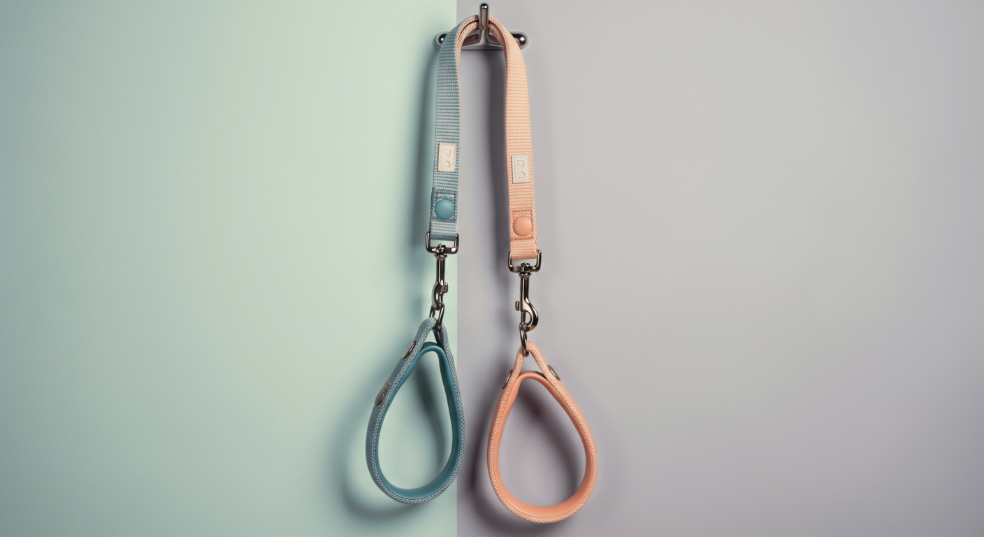 ミニマルなフックに並んでかけられた、色の違う2本の犬のリード。飼い主同士のつながりと敬意を象徴している。