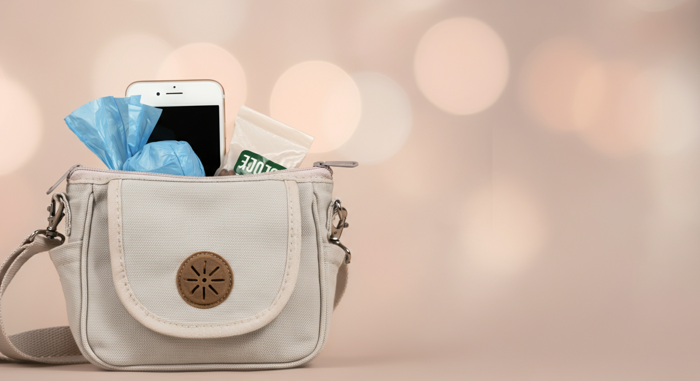 おしゃれな帆布製のお散歩バッグと、その中に入っているうんち袋や小さなおやつポーチ