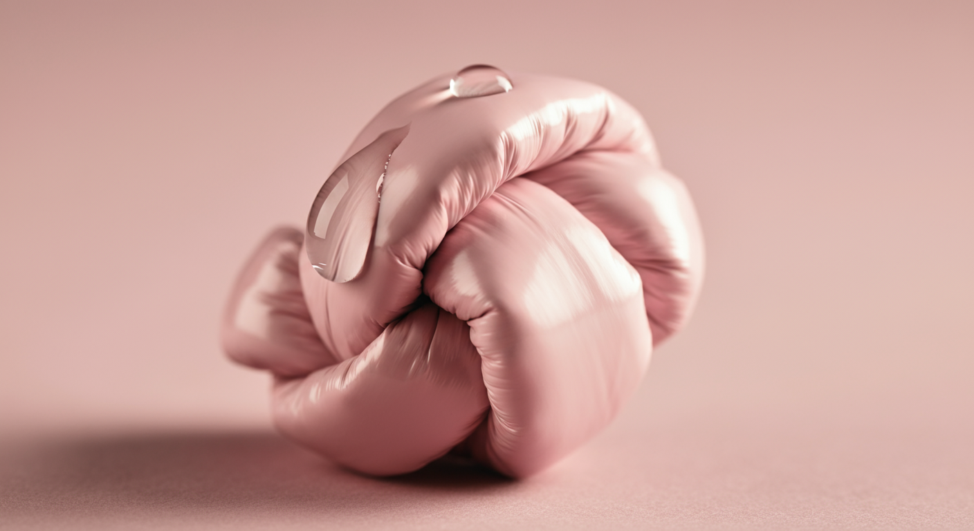 固く結ばれたパステルピンクのうんち袋の表面に、水滴が乗っているマクロ撮影写真。防臭効果を象徴している。