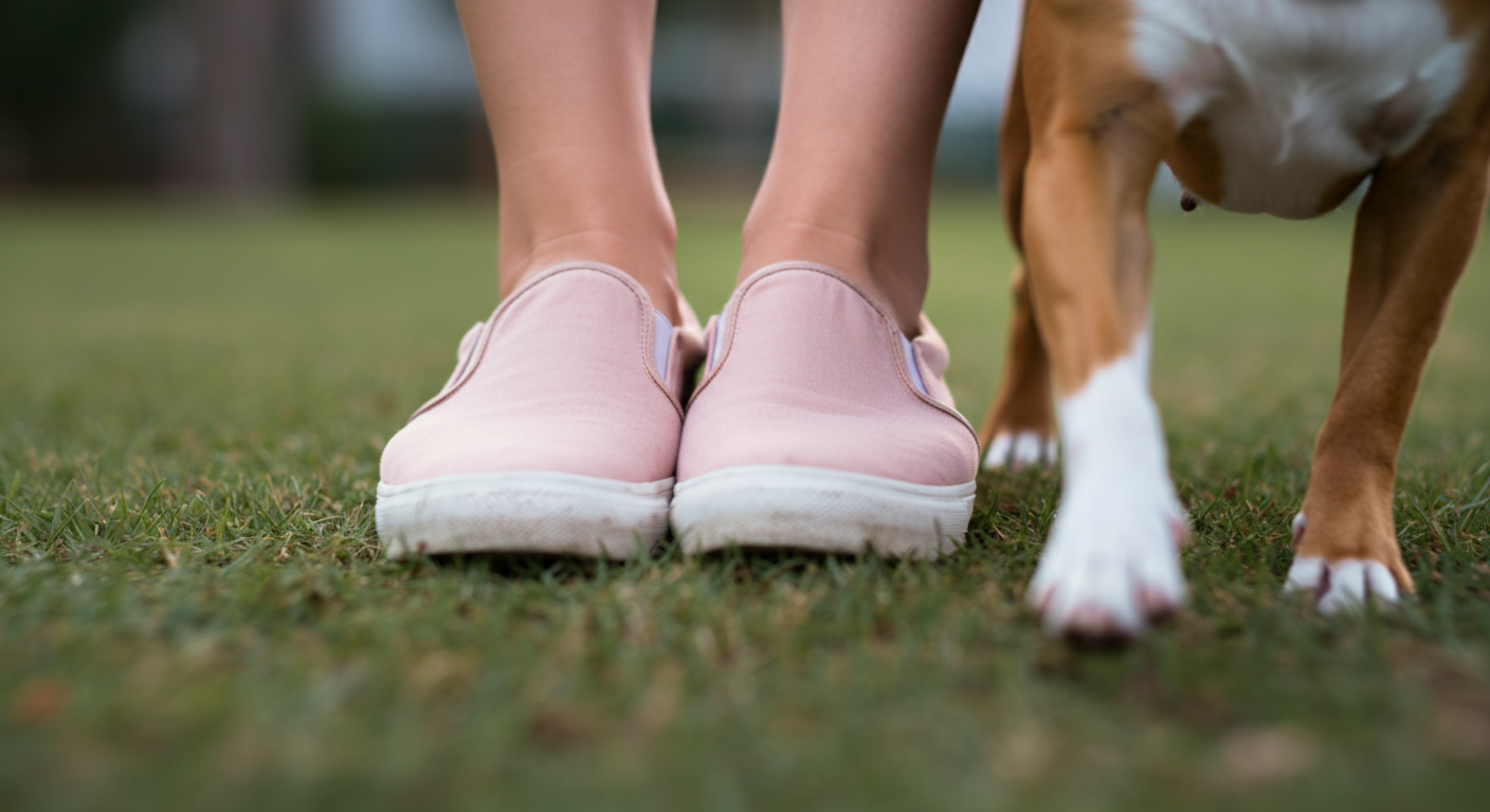 芝生の上にしっかりと立つ、フィット感のあるスニーカーを履いた足元。