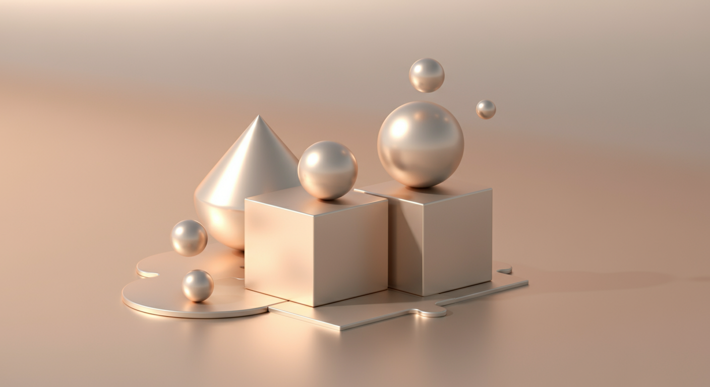 球体や立方体など、形の違うパステルカラーのオブジェクトがパズルのように組み合わさっている抽象的な写真。