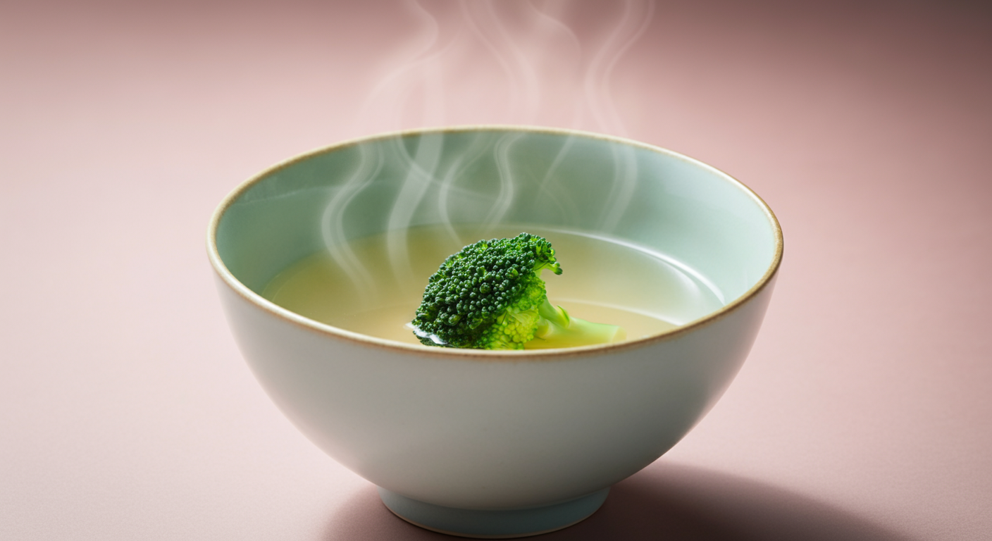 パステルカラーの背景に、湯気の立つ温かいスープが入ったボウル。中央には蒸したブロッコリーが一つ浮かんでいる。