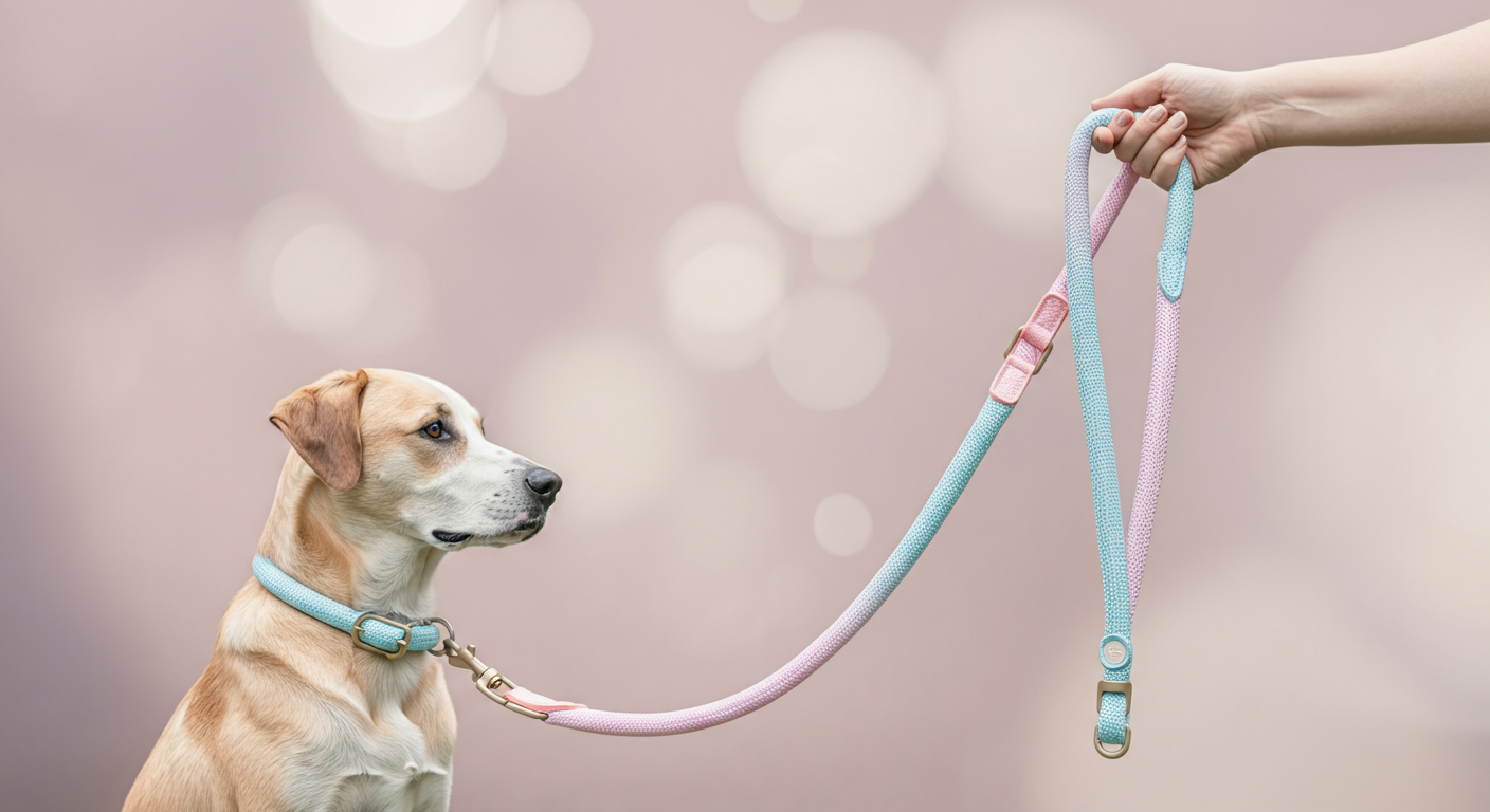 人がパステルカラーのロングリードを優しく握っている手元。背景には大型犬が落ち着いて座っている。